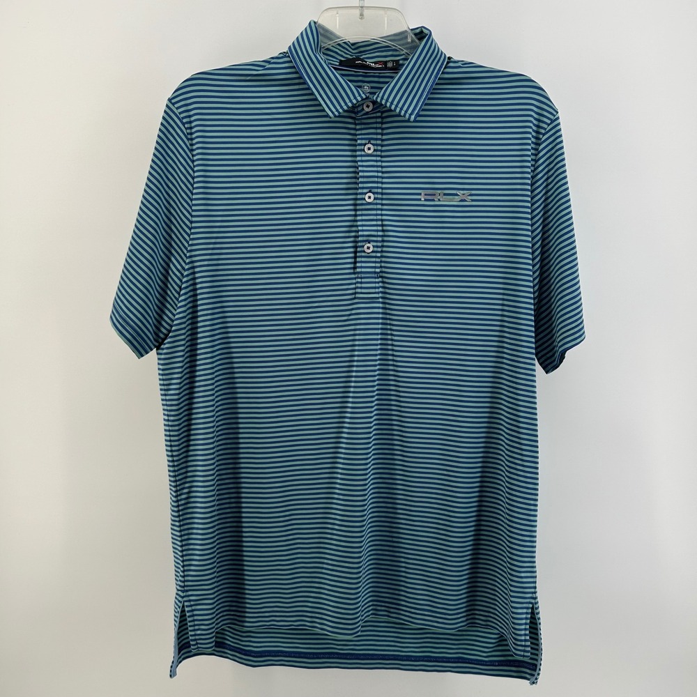 RLX Ralph Lauren Performance Polo Shirt Mens L Blue Teal Striped Golf Stretch